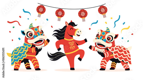 Modern vector illustration of lion dance with friendly horse zodiac dancing together in festive street, Chinese New Year 2026 celebration symbolizing luck, joy, and prosperity
