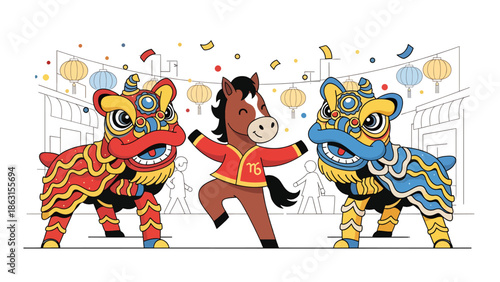 Modern vector illustration of lion dance with friendly horse zodiac dancing together in festive street, Chinese New Year 2026 celebration symbolizing luck, joy, and prosperity
