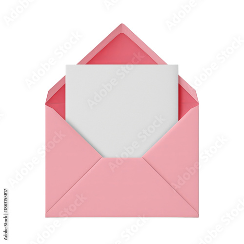 Open pink envelope with blank white paper inside isolated on a transparent background image