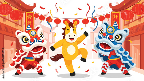 Modern vector illustration of lion dance with friendly horse zodiac dancing together in festive street, Chinese New Year 2026 celebration symbolizing luck, joy, and prosperity