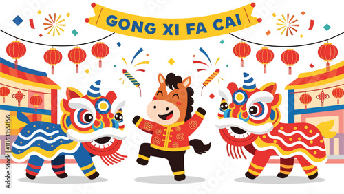 Modern vector illustration of lion dance with friendly horse zodiac dancing together in festive street, Chinese New Year 2026 celebration symbolizing luck, joy, and prosperity