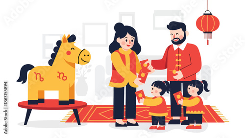 Modern vector illustration of parents giving red envelopes to children with friendly horse zodiac nearby, Chinese New Year 2026 family blessing and traditional Lunar New Year celebration scene