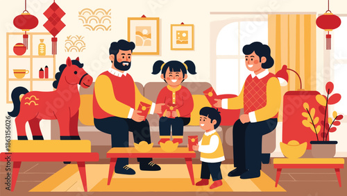 Modern vector illustration of parents giving red envelopes to children with friendly horse zodiac nearby, Chinese New Year 2026 family blessing and traditional Lunar New Year celebration scene