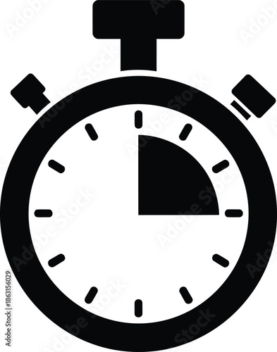 Minimalist black and white stopwatch icon representing a quarter of the time interval