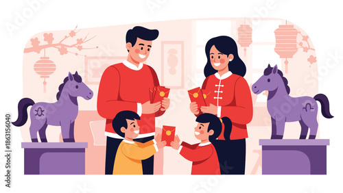 Modern vector illustration of parents giving red envelopes to children with friendly horse zodiac nearby, Chinese New Year 2026 family blessing and traditional Lunar New Year celebration scene