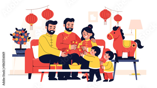 Modern vector illustration of parents giving red envelopes to children with friendly horse zodiac nearby, Chinese New Year 2026 family blessing and traditional Lunar New Year celebration scene