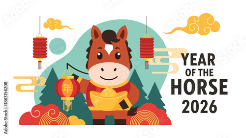 Modern vector illustration of smiling horse zodiac holding gold ingot and lantern, Year of the Horse 2026 symbol representing luck, wealth, and Chinese New Year celebration
