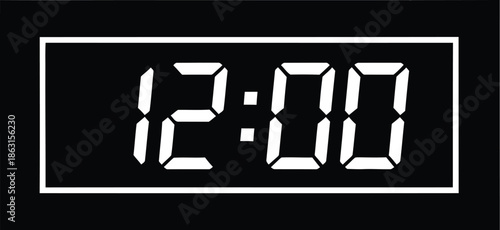Simple black and white digital clock icon showing 12:00, representing noon or midnight