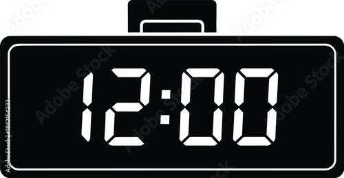 Simple digital alarm clock icon showing the time 12:00 in black and white silhouette