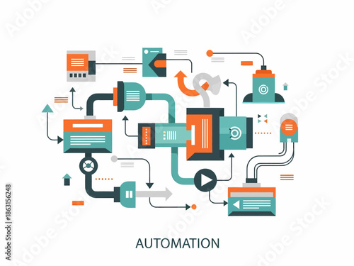 An infographic illustrating the concept of automation through interconnected digital components and machinery in a futuristic environment