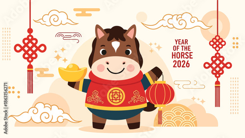 Modern vector illustration of smiling horse zodiac holding gold ingot and lantern, Year of the Horse 2026 symbol representing luck, wealth, and Chinese New Year celebration