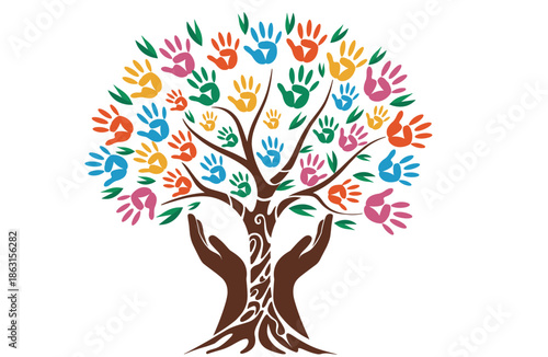 Colorful Handprint Tree Symbolizing Unity and Family