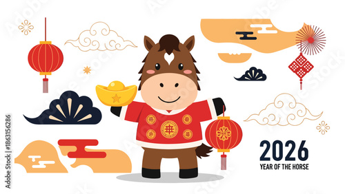Modern vector illustration of smiling horse zodiac holding gold ingot and lantern, Year of the Horse 2026 symbol representing luck, wealth, and Chinese New Year celebration