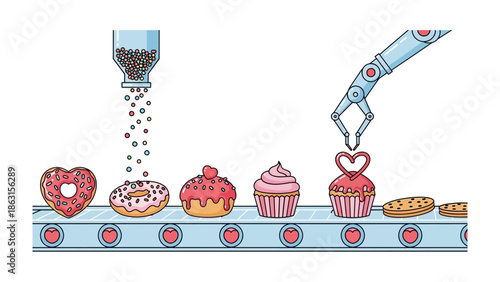 Automated Bakery: A visual narrative unfolds, where the convergence of technology and treats takes center stage. A robotic arm meticulously places a heart-shaped ornament atop a cupcake.