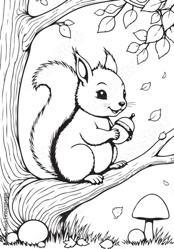 A cute cartoon vector illustration of a funny red squirrel with a nut on a forest tree, featuring a fluffy tail and wild mammal fur in a nature drawing style