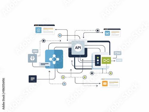 Complex network diagram illustrating API connections and data flow between various digital components and systems