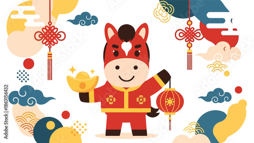 Modern vector illustration of smiling horse zodiac holding gold ingot and lantern, Year of the Horse 2026 symbol representing luck, wealth, and Chinese New Year celebration