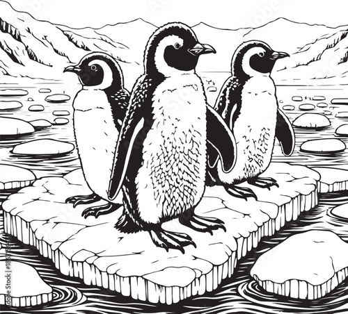 Cute cartoon illustration of black and white penguins on the rocks and beach amidst the cold winter snow and ice of wild Arctic nature in Antarctica