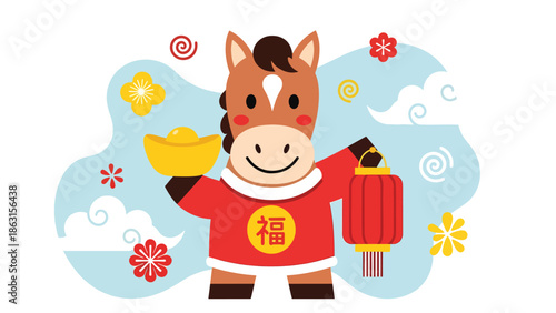 Modern vector illustration of smiling horse zodiac holding gold ingot and lantern, Year of the Horse 2026 symbol representing luck, wealth, and Chinese New Year celebration