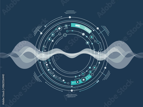 Futuristic Technology Interface with Waveform and Circular Design Elements on Dark Background