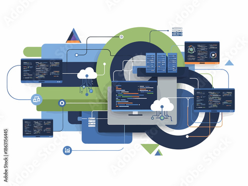 A complex digital illustration of technology and data integration, showcasing interconnected systems and cloud computing from a top-down viewpoint.