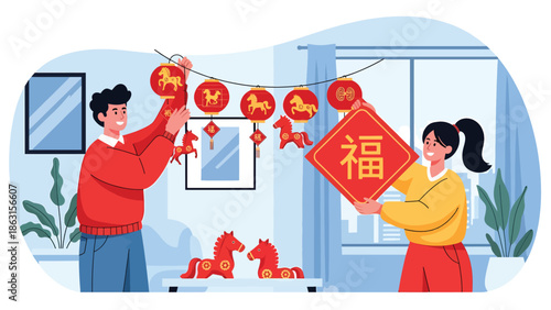 Modern vector illustration of couple decorating apartment with lanterns and horse zodiac ornaments for Chinese New Year 2026, festive home preparation scene