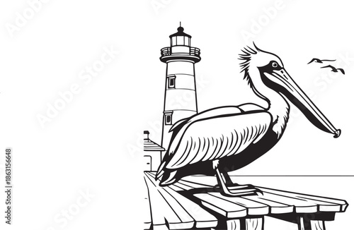A wild brown pelecanus bird with a large beak sits among white feathered wildlife on a pier and roof by the sea