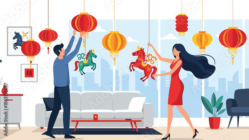 Modern vector illustration of couple decorating apartment with lanterns and horse zodiac ornaments for Chinese New Year 2026, festive home preparation scene