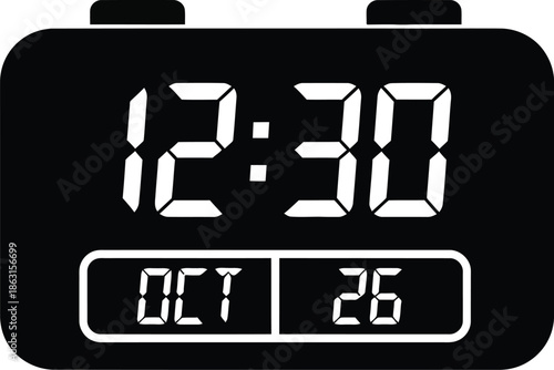 A black and white vector icon of a digital alarm clock displaying the time 12:30 and date october 26