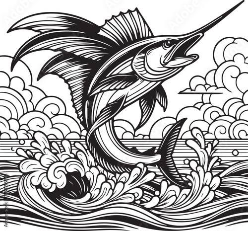 Abstract floral background featuring a tribal black dragon and tropical fish vector illustration set in a nature-inspired sea water pattern for a decorative tattoo art design ornament