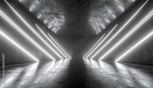 Empty dark geometric concrete space with bright glowing V shaped neon lights creating deep perspective and reflections on the polished wet floor background