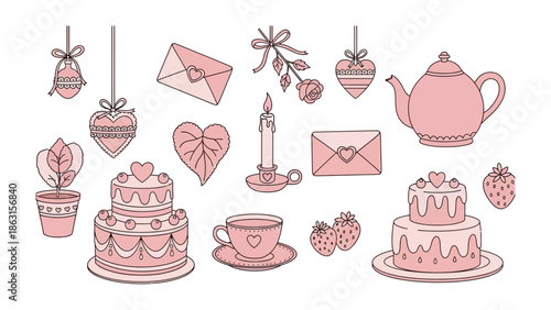 Elegant Romance: delicate collection of valentine decorations in shades of pink, symbolizing love, romance, and affectionate feelings. 