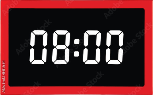 A close-up shot of a modern digital clock displaying eight o'clock in white segments with a vibrant red frame