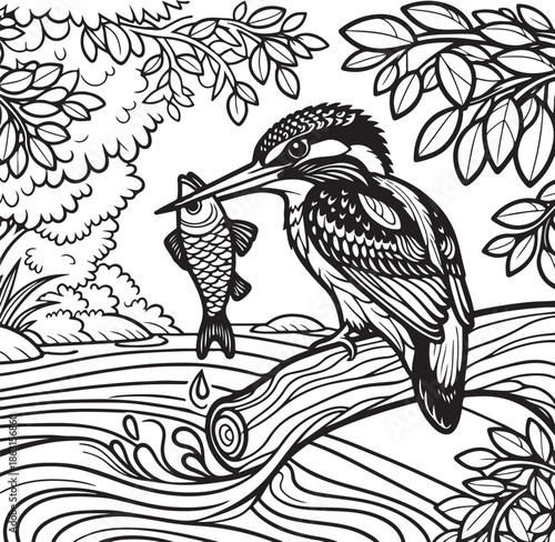 Vector illustration of a wild black heron bird with elegant wings and beak perched on a tree branch in a nature design featuring tropical flowers and wildlife art silhouettes