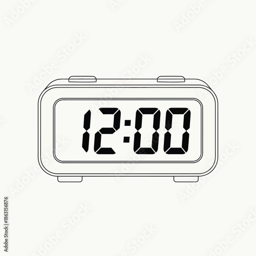 A simple black and white line drawing of a digital alarm clock showing the time 12:00.