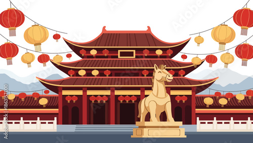 Modern vector illustration of traditional Chinese temple decorated for Year of the Horse 2026 with lanterns and horse zodiac statue, peaceful Lunar New Year celebration scene