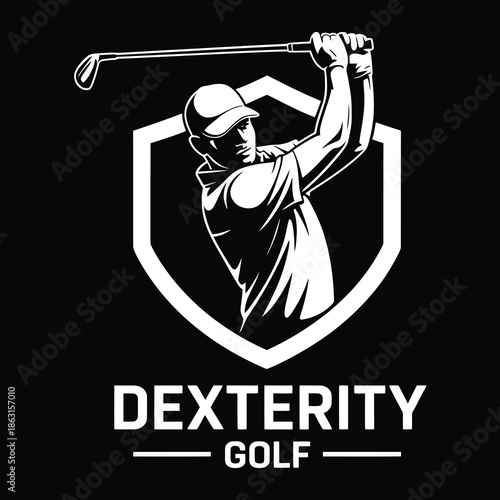 A powerful golf player swings a club within a distinctive shield emblem against a dark background