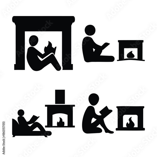 People reading by a warm fireplace on a cold day at home.