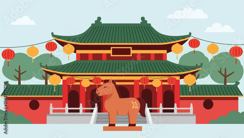 Modern vector illustration of traditional Chinese temple decorated for Year of the Horse 2026 with lanterns and horse zodiac statue, peaceful Lunar New Year celebration scene