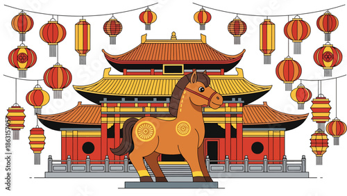 Modern vector illustration of traditional Chinese temple decorated for Year of the Horse 2026 with lanterns and horse zodiac statue, peaceful Lunar New Year celebration scene