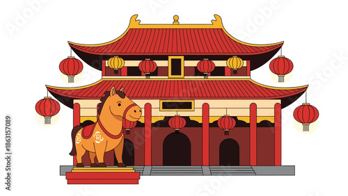 Modern vector illustration of traditional Chinese temple decorated for Year of the Horse 2026 with lanterns and horse zodiac statue, peaceful Lunar New Year celebration scene