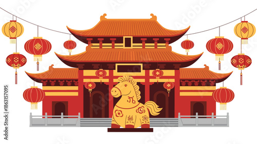 Modern vector illustration of traditional Chinese temple decorated for Year of the Horse 2026 with lanterns and horse zodiac statue, peaceful Lunar New Year celebration scene