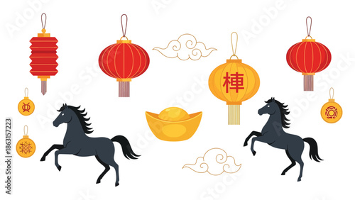 Modern vector illustration of lucky Chinese New Year 2026 elements including horse zodiac, lanterns, clouds, and gold ornaments in balanced festive composition