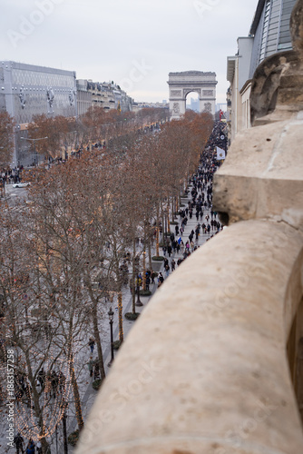 The Champs-Élysées and the Arc de Triomphe seen from a building balcony on the avenue before the Christmas holidays 3