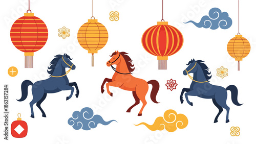 Modern vector illustration of lucky Chinese New Year 2026 elements including horse zodiac, lanterns, clouds, and gold ornaments in balanced festive composition
