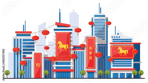 Modern vector illustration of modern city decorated with lanterns and horse zodiac banners for Chinese New Year 2026, festive urban lifestyle celebration scene