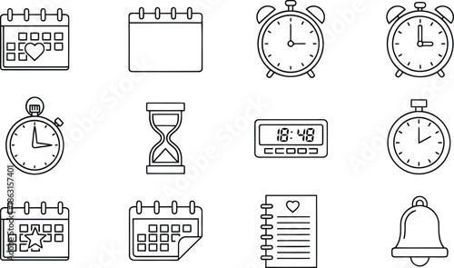 Collection of outline icons depicting various time management and scheduling tools