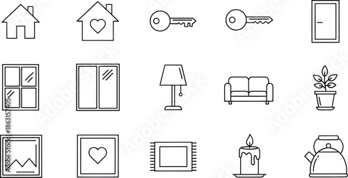 Outline icons collection of essential household items and real estate symbols