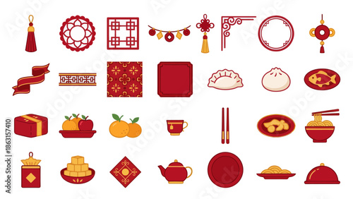 Chinese New Year Celebration Elements Set with Traditional Decorations and Food. EPS Editable