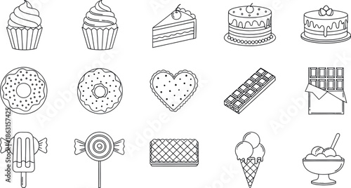 A comprehensive collection of sweet desserts and sugary treats in outline icons